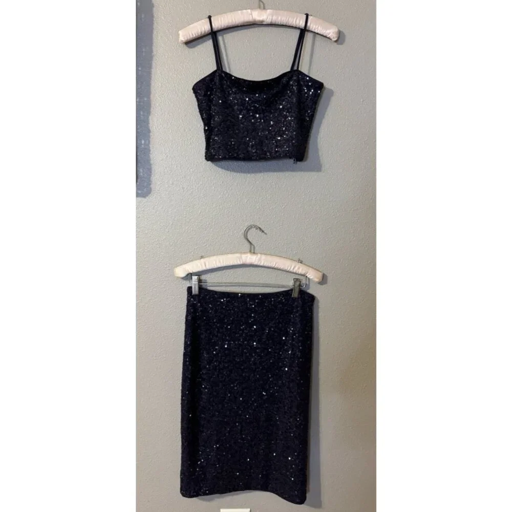 Susana Monaco 2 PC Set S Small Thunder Blue Sequin Crop Top & Skirt NWT $256